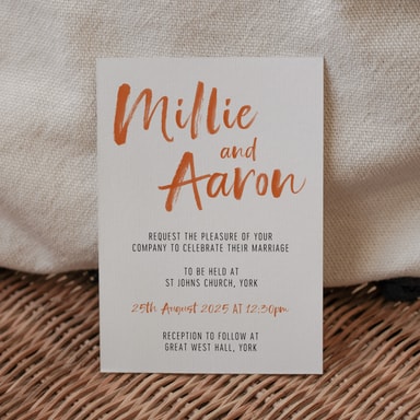 Brush Strokes Burnt Orange Wedding Invitation on White Card