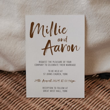 Brush Strokes Chocolate Brown Wedding Invitation on White Card