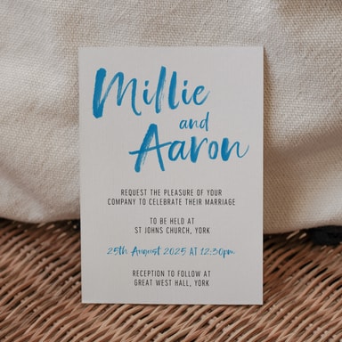 Brush Strokes Cobalt Blue Wedding Invitation on White Card