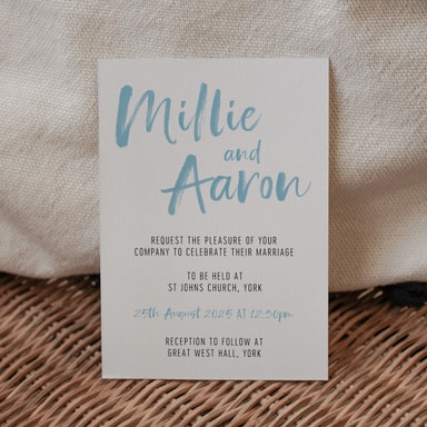 Brush Strokes Duck Egg Blue Wedding Invitation on White Card