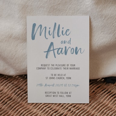 Brush Strokes Dusty Blue Wedding Invitation on White Card