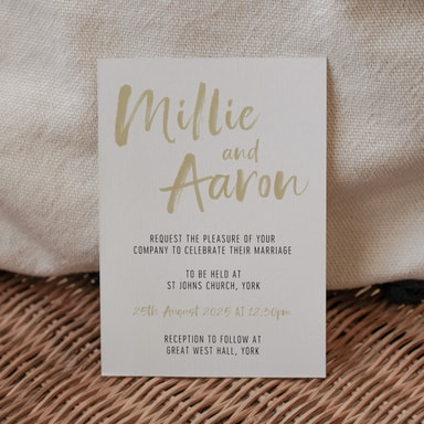 Brush Strokes Gold Wedding Invitation on White Card