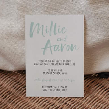 Brush Strokes Jade Green Wedding Invitation on White Card