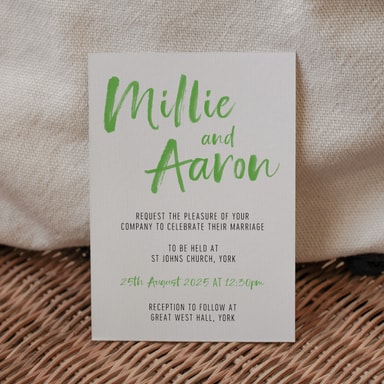 Brush Strokes Lime Green Wedding Invitation on White Card