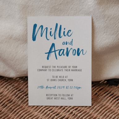 Brush Strokes Marine Blue Wedding Invitation on White Card