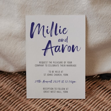 Brush Strokes Navy Blue Wedding Invitation on White Card