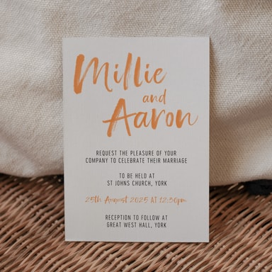 Brush Strokes Orange Wedding Invitation on White Card