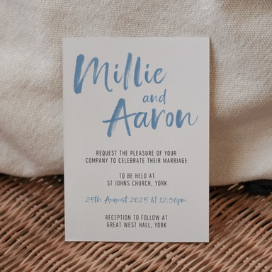 Brush Strokes Pastel Blue Wedding Invitation on White Card