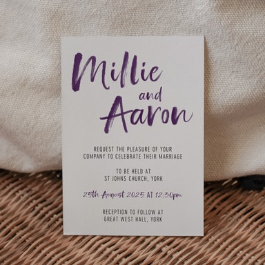 Brush Strokes Plum Wedding Invitation on White Card