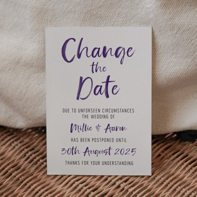 Brush Strokes Regency Purple Change The Date Card on White Card