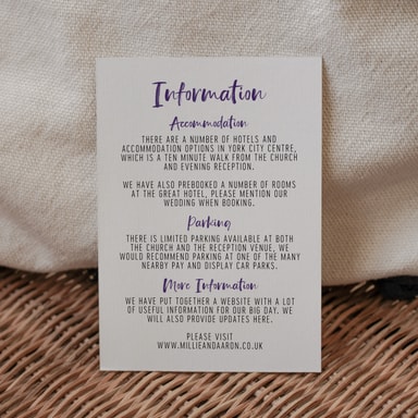 Brush Strokes Regency Purple Guest Information Card on White Card