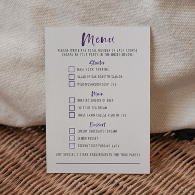 Brush Strokes Regency Purple Menu Card with Choices on White Card