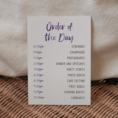 Brush Strokes Regency Purple Order Of The Day Card on White Card