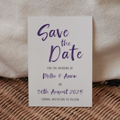 Brush Strokes Regency Purple Save The Date Card on White Card