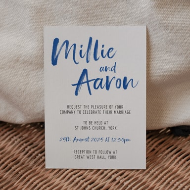 Brush Strokes Royal Blue Wedding Invitation on White Card