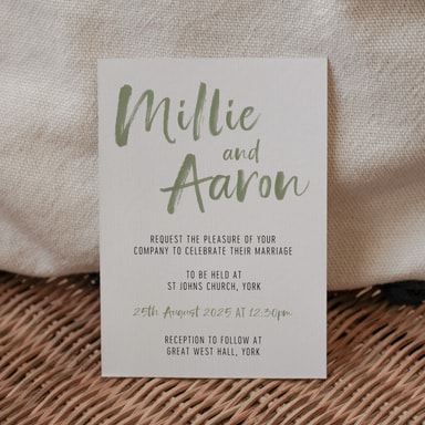 Brush Strokes Sage Green Wedding Invitation on White Card