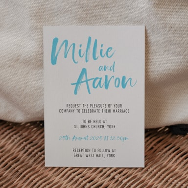 Brush Strokes Sky Blue Wedding Invitation on White Card