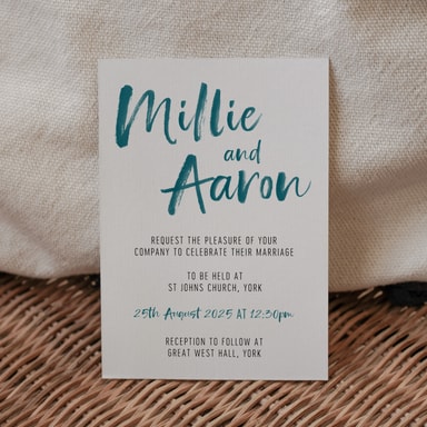 Brush Strokes Teal Green Wedding Invitation on White Card