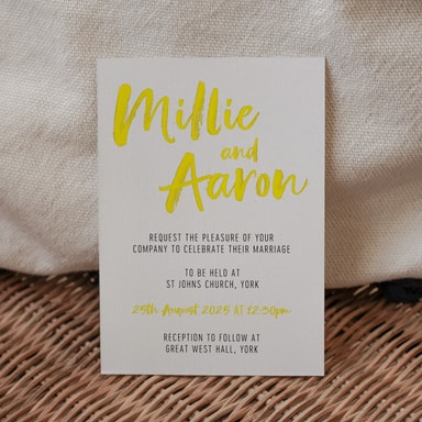 Brush Strokes Yellow Wedding Invitation on White Card