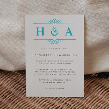 Classic Vintage Aqua Blue Wedding Invitation on White Card