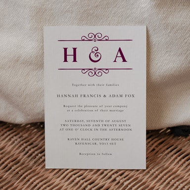 Classic Vintage Aubergine Wedding Invitation on White Card