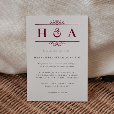 Classic Vintage Burgundy Wedding Invitation on White Card