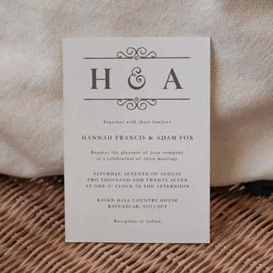 Classic Vintage Charcoal Wedding Invitation on White Card