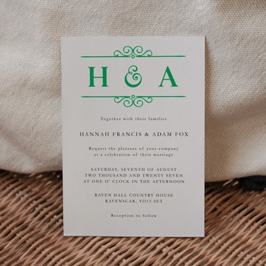 Classic Vintage Clover Green Wedding Invitation on White Card