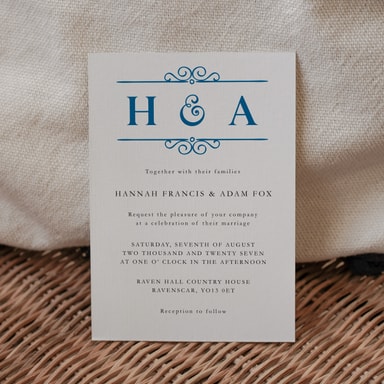 Classic Vintage Marine Blue Wedding Invitation on White Card