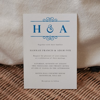Classic Vintage Ocean Blue Wedding Invitation on White Card