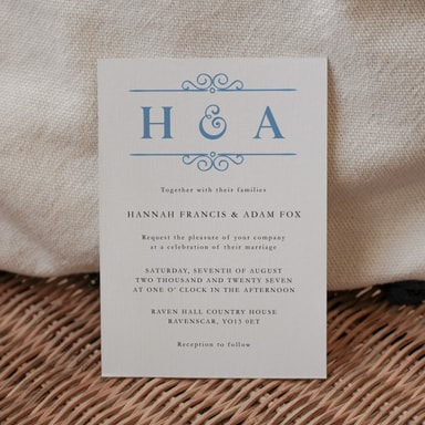 Classic Vintage Pastel Blue Wedding Invitation on White Card