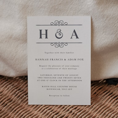 Classic Vintage Pewter Wedding Invitation on White Card