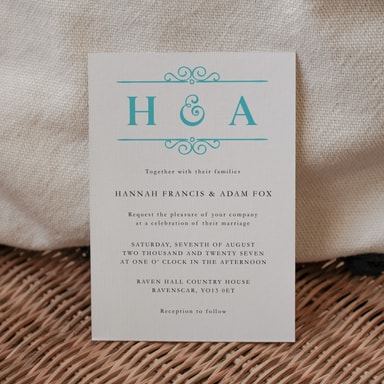Classic Vintage Turquoise Wedding Invitation on White Card