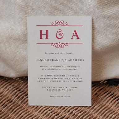 Classic Vintage Watermelon Pink Wedding Invitation on White Card