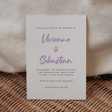 Classy Minimalist Amethyst Wedding Invitation on White Card