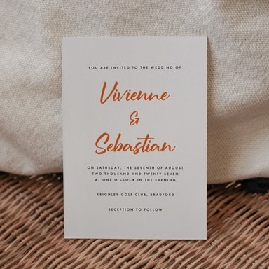 Classy Minimalist Burnt Orange Wedding Invitation on White Card