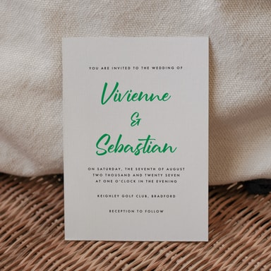 Classy Minimalist Clover Green Wedding Invitation on White Card