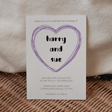 Doodle Heart Amethyst Wedding Invitation on White Card