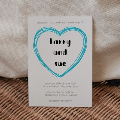 Doodle Heart Aqua Blue Wedding Invitation on White Card