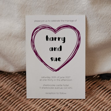 Doodle Heart Aubergine Wedding Invitation on White Card