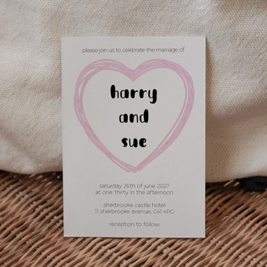 Doodle Heart Baby Pink Wedding Invitation on White Card