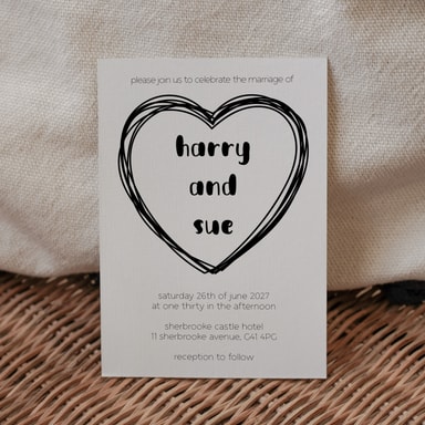 Doodle Heart Black Wedding Invitation on White Card