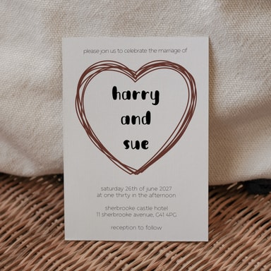 Doodle Heart Brown Wedding Invitation on White Card