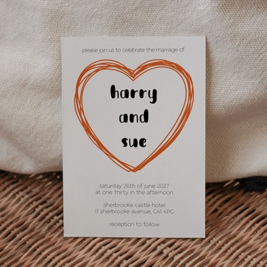 Doodle Heart Burnt Orange Wedding Invitation on White Card