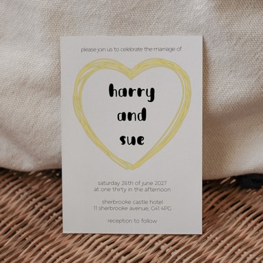 Doodle Heart Canary Yellow Wedding Invitation on White Card