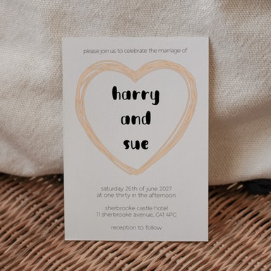 Doodle Heart Champagne Wedding Invitation on White Card