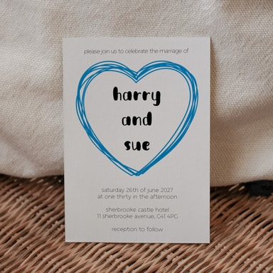 Doodle Heart Cobalt Blue Wedding Invitation on White Card