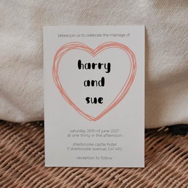 Doodle Heart Coral Pink Wedding Invitation on White Card