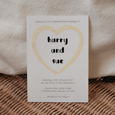 Doodle Heart Cream Wedding Invitation on White Card