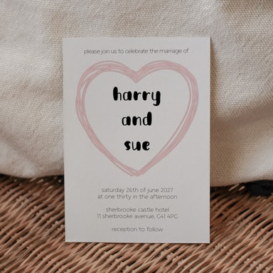 Doodle Heart Dusky Pink Wedding Invitation on White Card